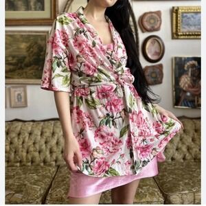 Show‎ Me Your Mumu Floral Short Sleeve Belted Robe Pink Green Womens One Size